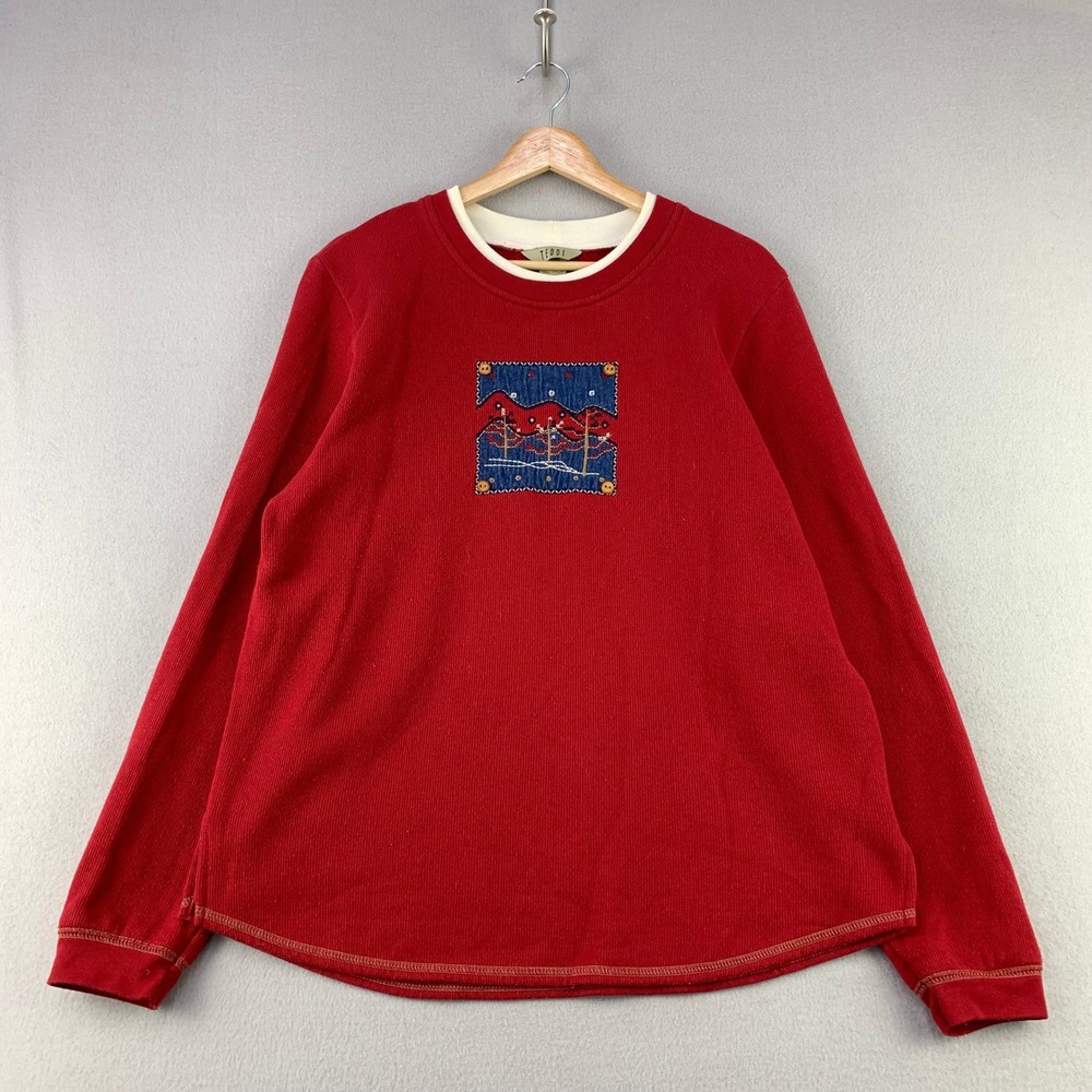 Vintage Teddi Sweatshirt Womens Large Red Ribbed Fleece Pullover Winter Holiday